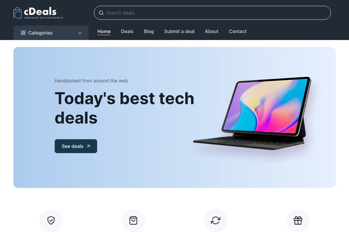 The cDeals home page, headed Today's best tech deals, with a tablet and keyboard