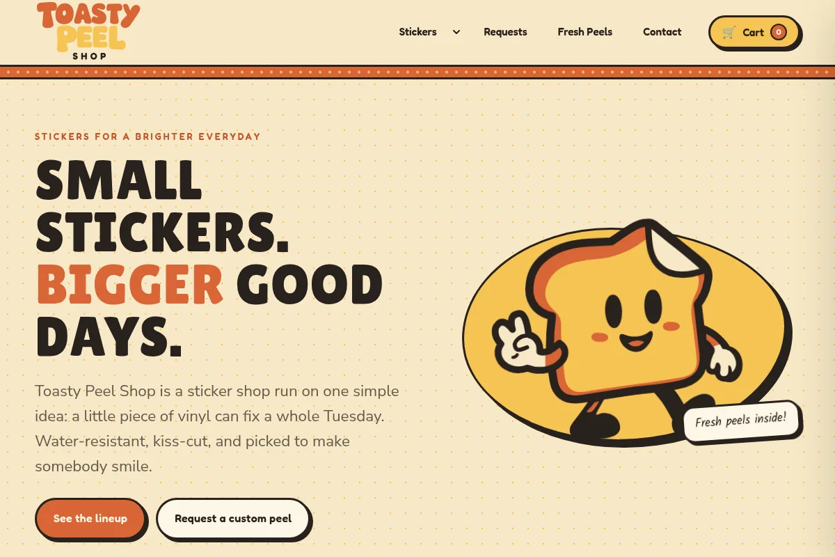 The Toasty Peel Shop home page, with Toasty the bread mascot giving a peace sign