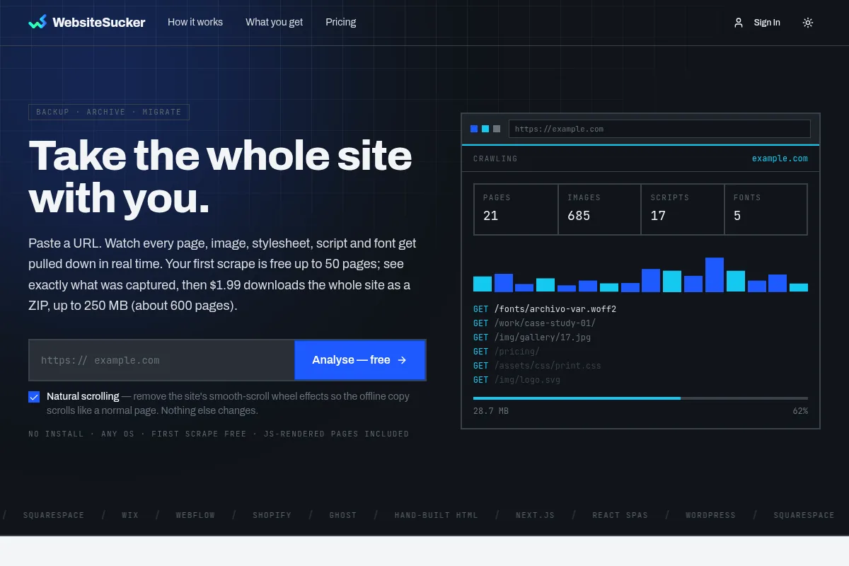 The Website Sucker home page, headed Take the whole site with you, beside a live crawl of a site